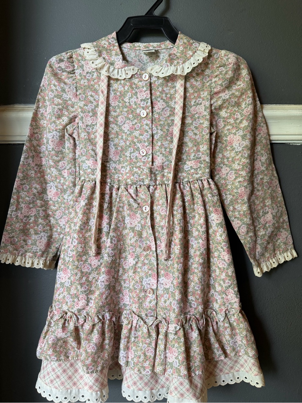 Girls Floral Long Sleeve Dress with Lace Trim - Pink & Green